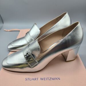 Stuart Weitzman Women’s Frances Pump heels Loafer Silver  leather logo sz 10 new